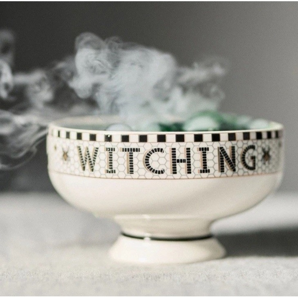 Anthropologie Bistro Tile Nut Bowl Set 2 Halloween Witch Cat & Bat Dessert Black
